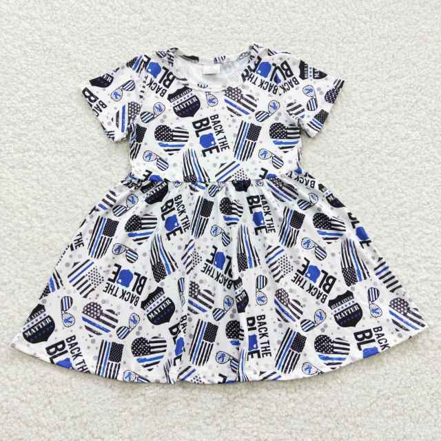 GSD0321 Girls BACK THE BLUE black flag short sleeve dress