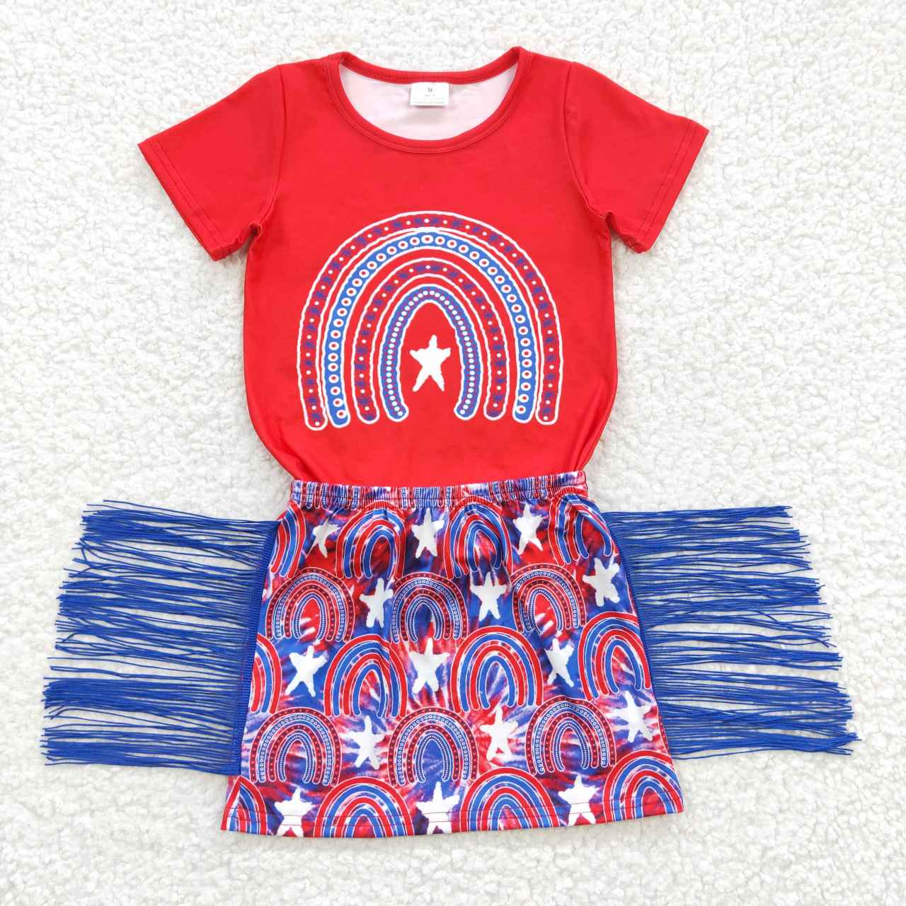 GSD0338 girls national day rainbow Short Sleeve blue tassel skirts set