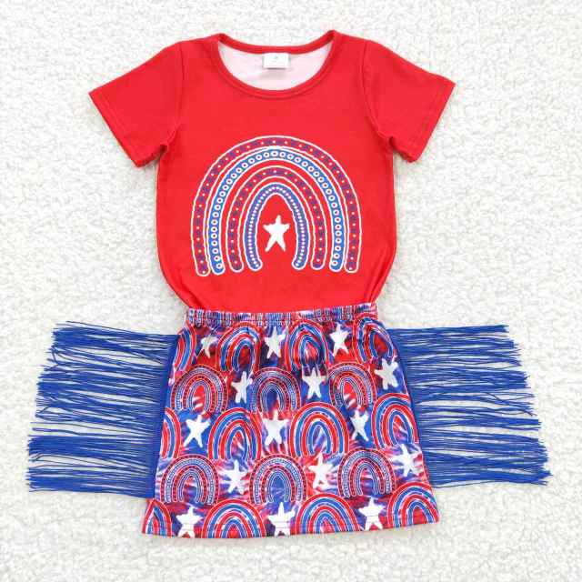 GSD0338 girls national day rainbow Short Sleeve blue tassel skirts set