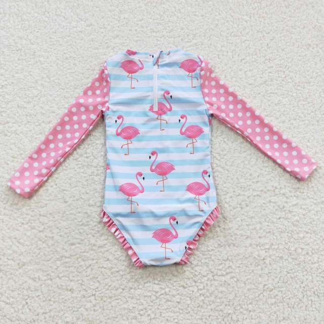 S0140 Girls flamingo Pink Long Sleeve Jumpsuit Swimsuit