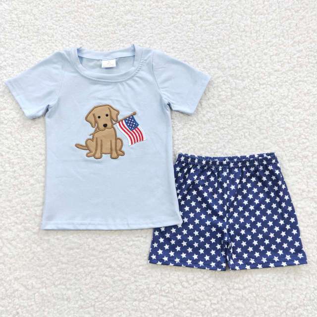 BSSO0227 boys national day embroider dog flag blue Short Sleeve Shorts set