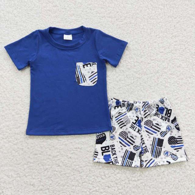 BSSO0242 boys BACK THE BULE national day flag blue Short Sleeve Shorts set