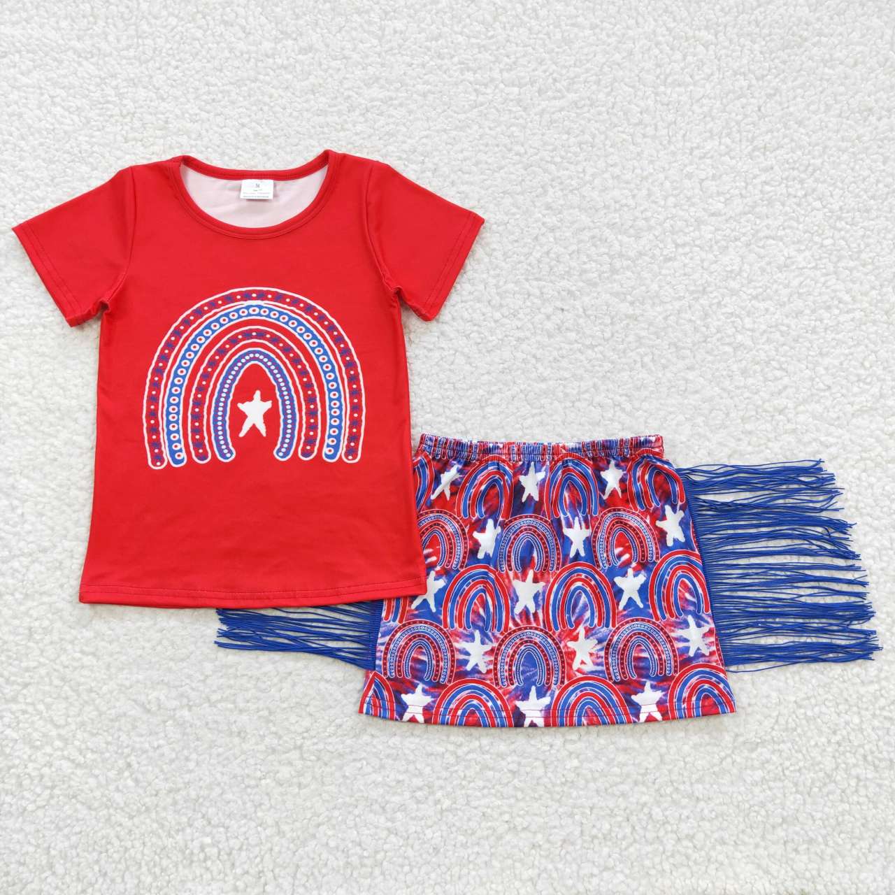 GSD0338 girls national day rainbow Short Sleeve blue tassel skirts set
