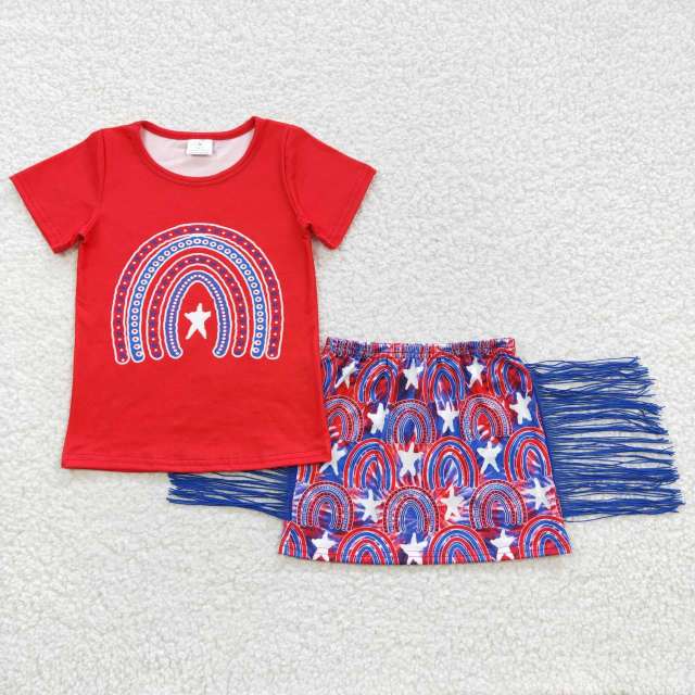 GSD0338 girls national day rainbow Short Sleeve blue tassel skirts set