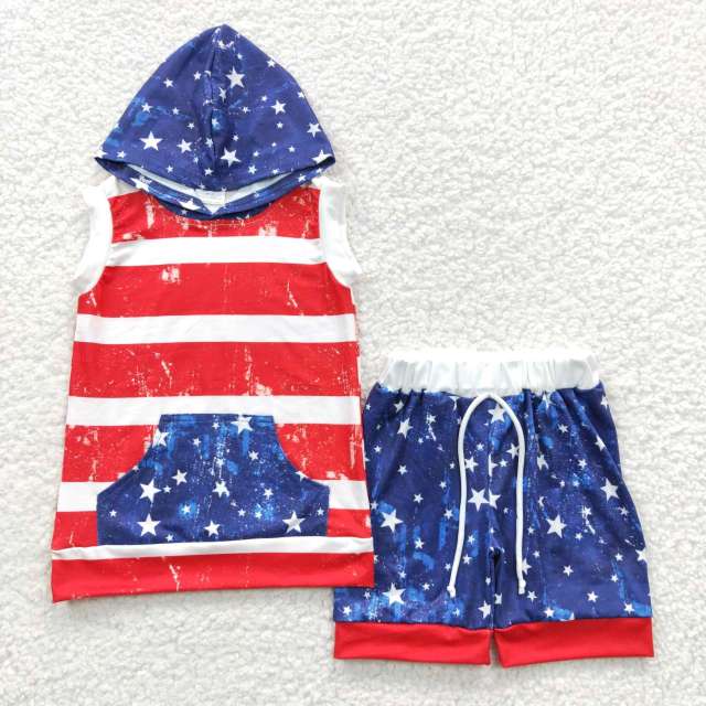 BSSO0244 Boys National Day Star Stripe Sleeveless Hoodie Shorts Set