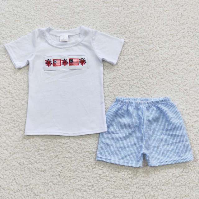 BSSO0253 Boys National Day Embroidery Flag White Shorts Sleeve Shorts Set