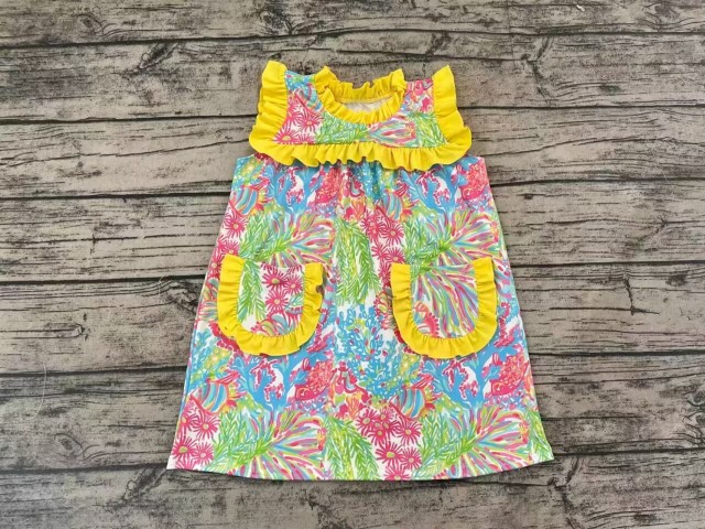 Pre-order girls summer clothes colorful yellow sleeveless pocket dress
