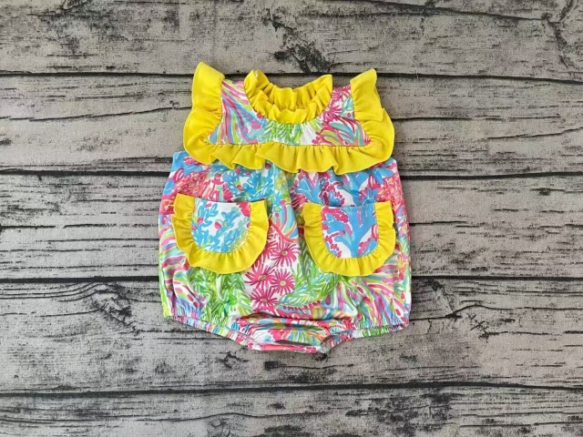 Pre-order girls summer clothes colorful yellow sleeveless pocket jumpsuit
