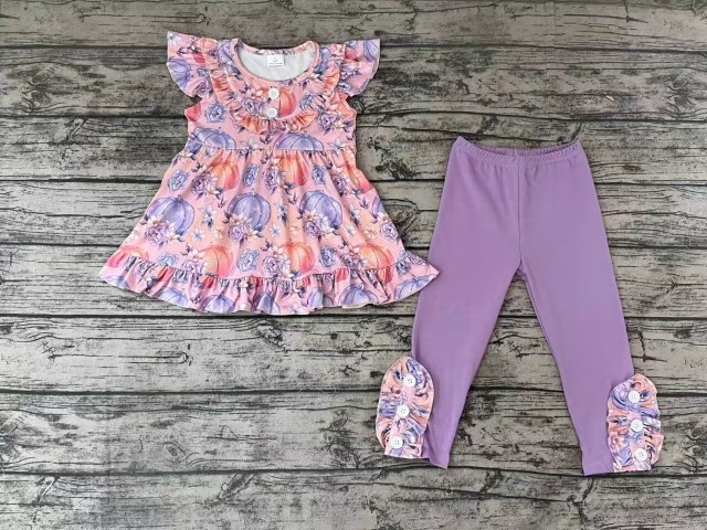 Pre-order girls summer clothes purple flying sleeve top pants set