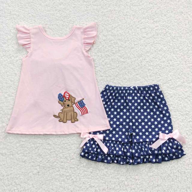 GSSO0236 Girls National Day Embroidered Dog Pink Flying Sleeve Shorts Set