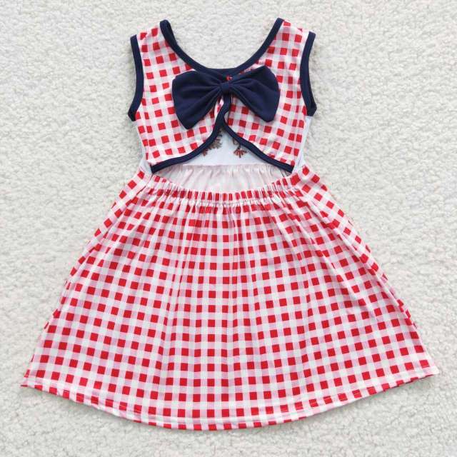 GSD0330  Girls National Day Embroidered Fireworks Red Plaid Sleeveless dress