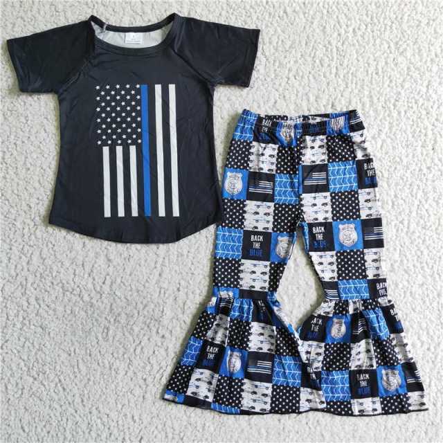 A13-4 Girls National Day Flag Policeman Black Short Sleeve Checkered Pants Set