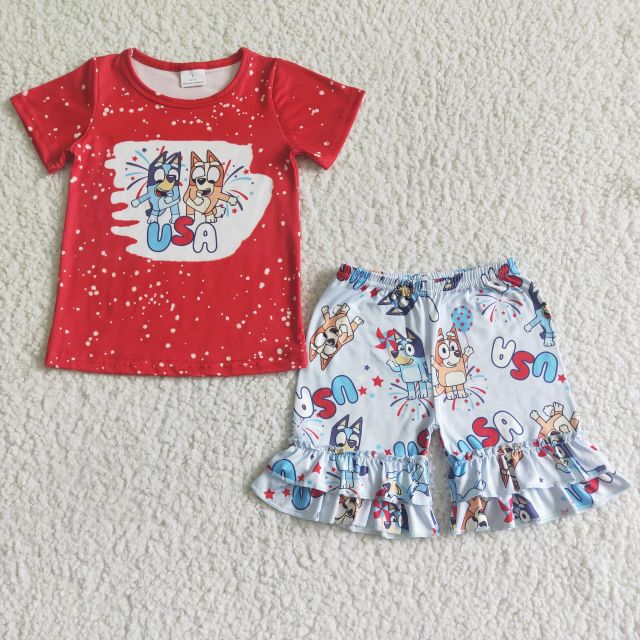 GSSO0053  Girls Summer National Day Red USA Bluey Short Sleeve White Set