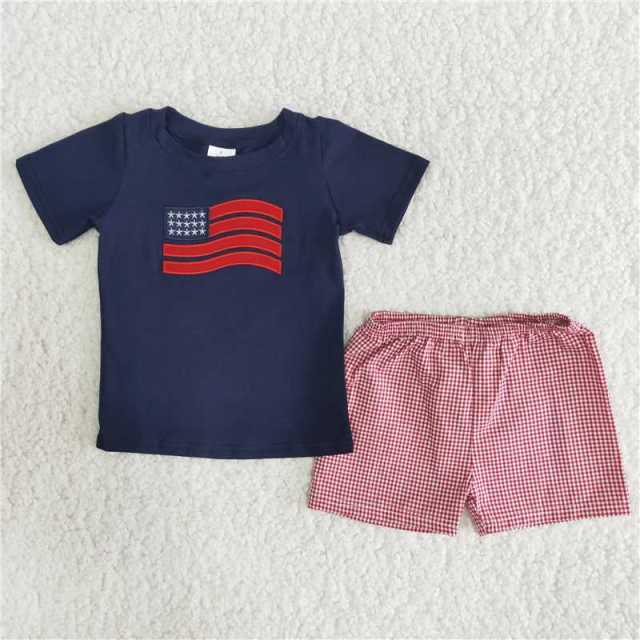 A12-23 Boys Summer National Day Dark Blue Short Sleeve Red Grid Shorts Set