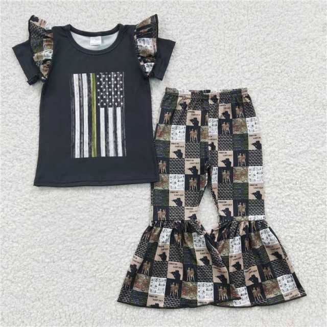 A9-15 Girls National Day Lace Black Short Sleeve Flared Pants Set