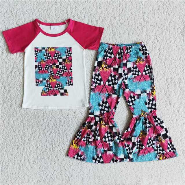 B2-14 Girls National Day Grid Flag Red Short Sleeve Flared Long Pants Set