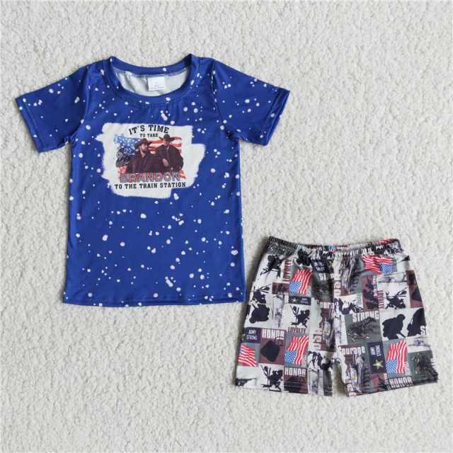 B1-2 Boys Summer National Day Blue Short Sleeve Shorts Set