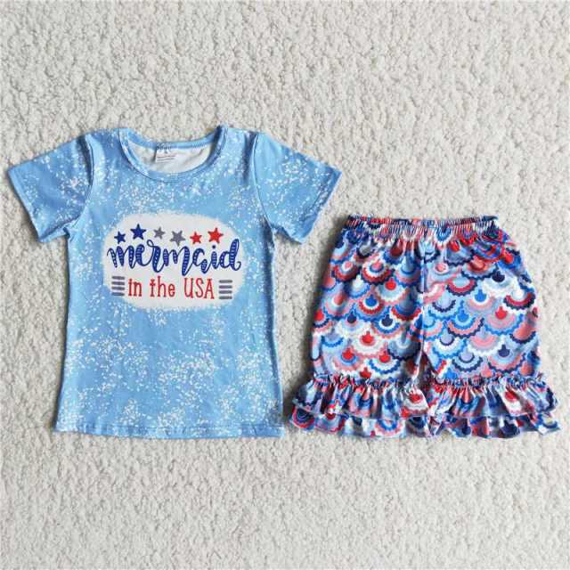 D13-19 Boys Summer National Day Blue Letter USA Spotted Set