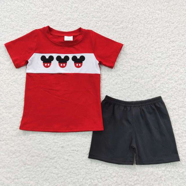 BSSO0092 Boys Embroidery Mickey Head Red Short Sleeve Black Short Set