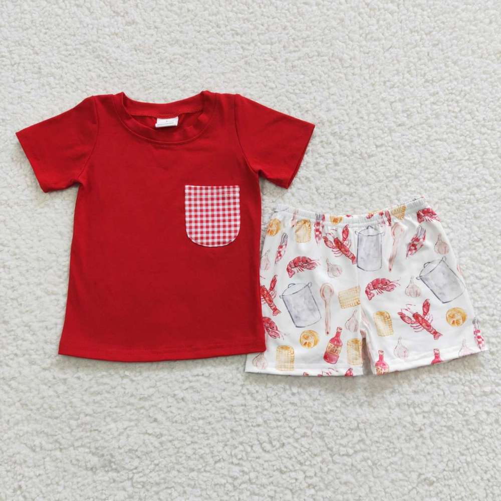 BSSO0250 Boys Crayfish Plaid Pocket Red Short Sleeve Short Set