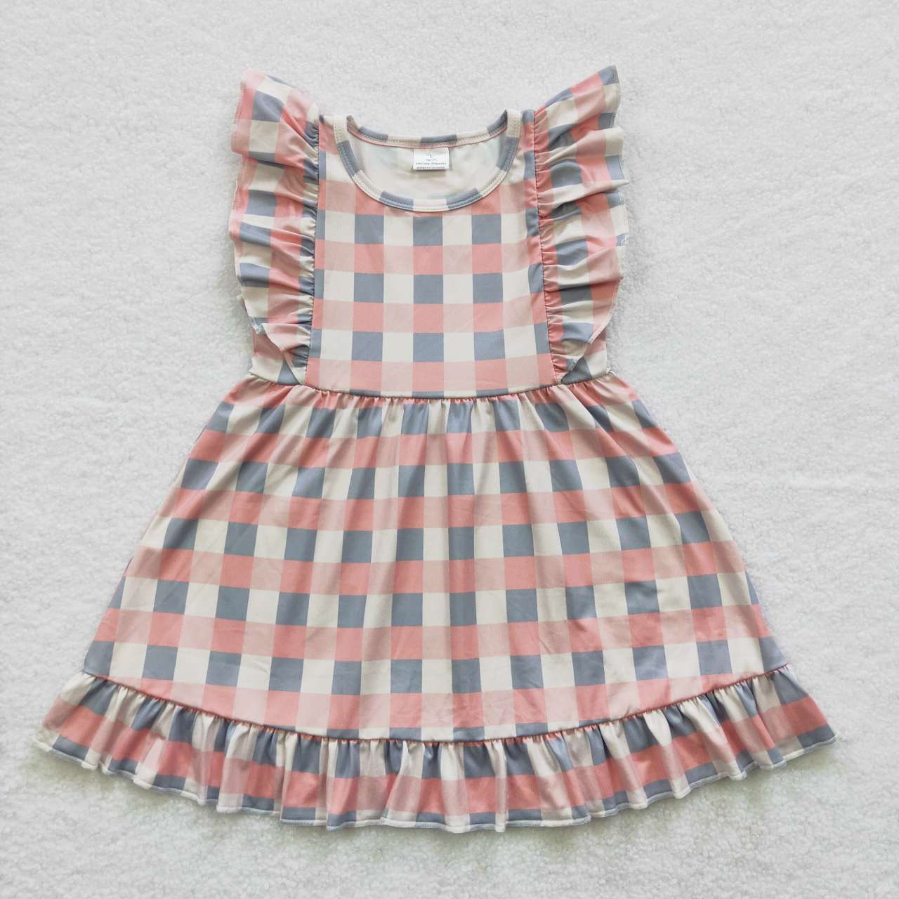 GSD0364  Girls Pink Blue Grid Flying Sleeve dress