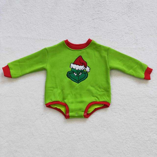 LR0277 Boys Christmas Embroidery Grinch Green Long Sleeve Jumpsuit