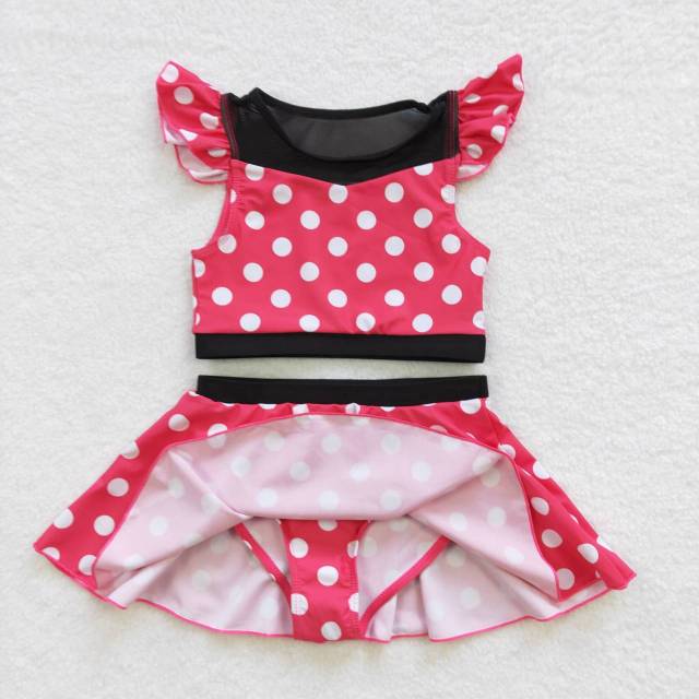 S0147 Girls Pink Polka Dot Short Sleeve Skirt Swimsuit Set