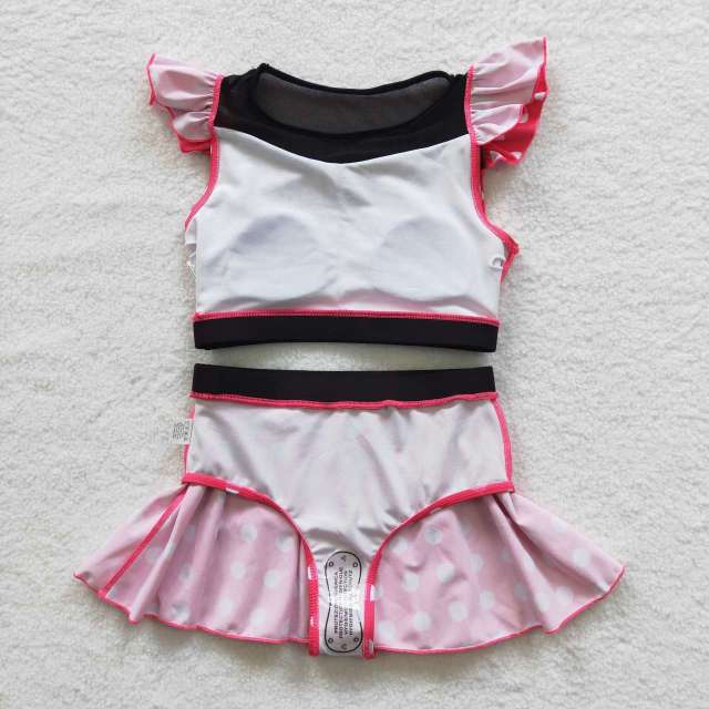 S0147 Girls Pink Polka Dot Short Sleeve Skirt Swimsuit Set