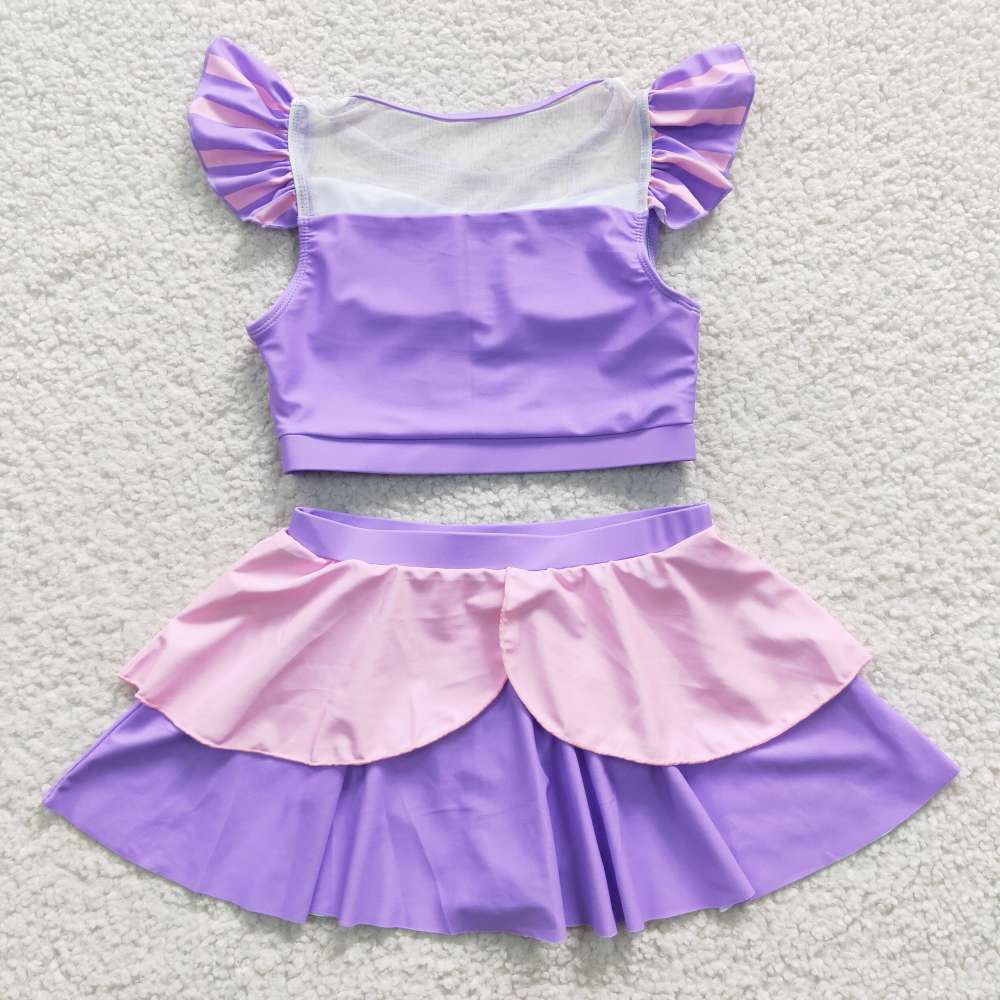 S0145 Girls disney princess purple short sleeve skirts swimsuit