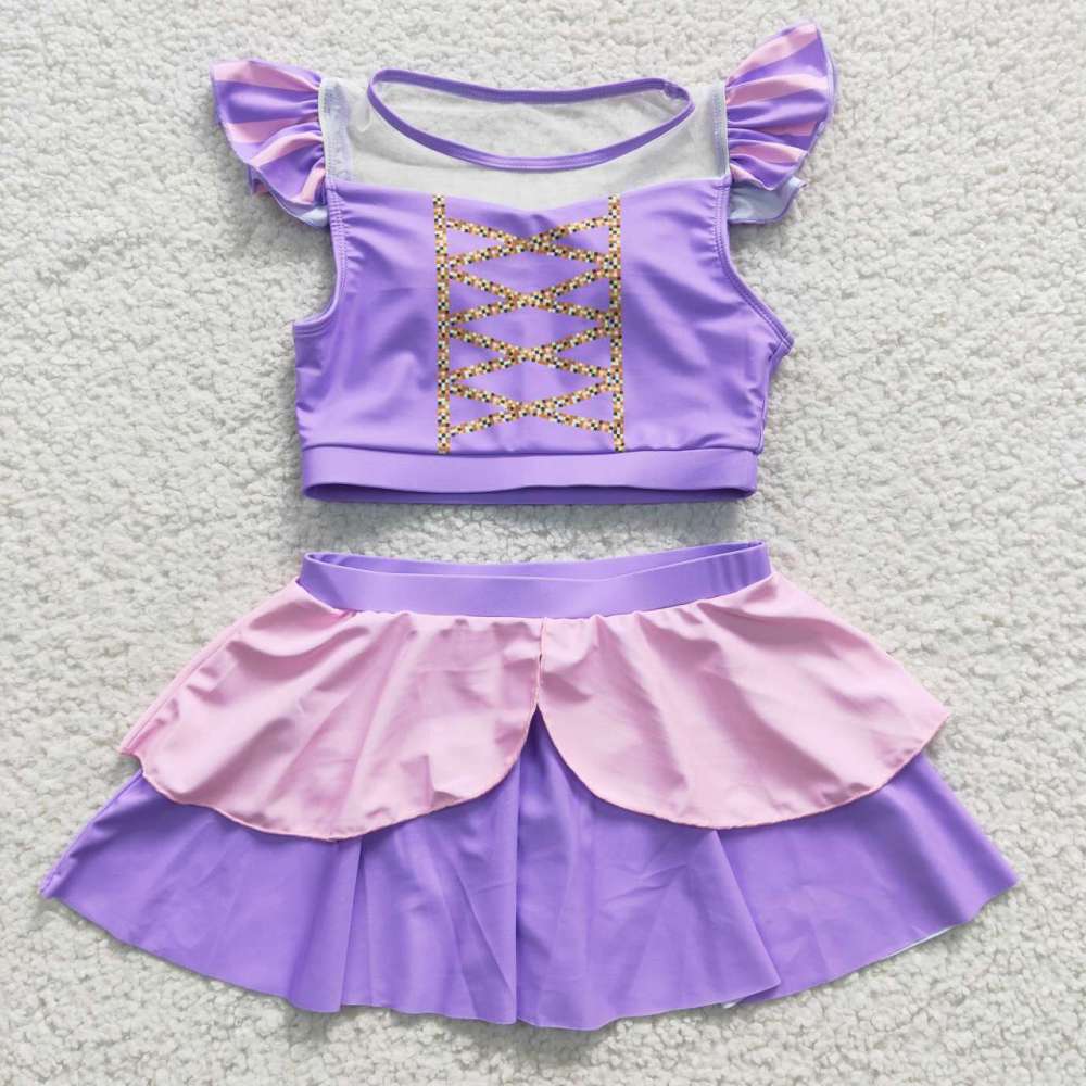 S0145 Girls disney princess purple short sleeve skirts swimsuit