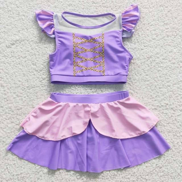 S0145 Girls disney princess purple short sleeve skirts swimsuit