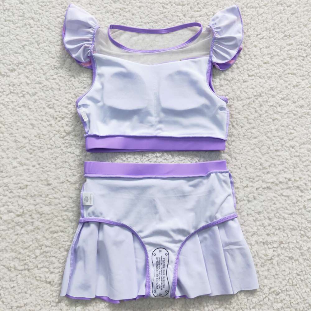 S0145 Girls disney princess purple short sleeve skirts swimsuit