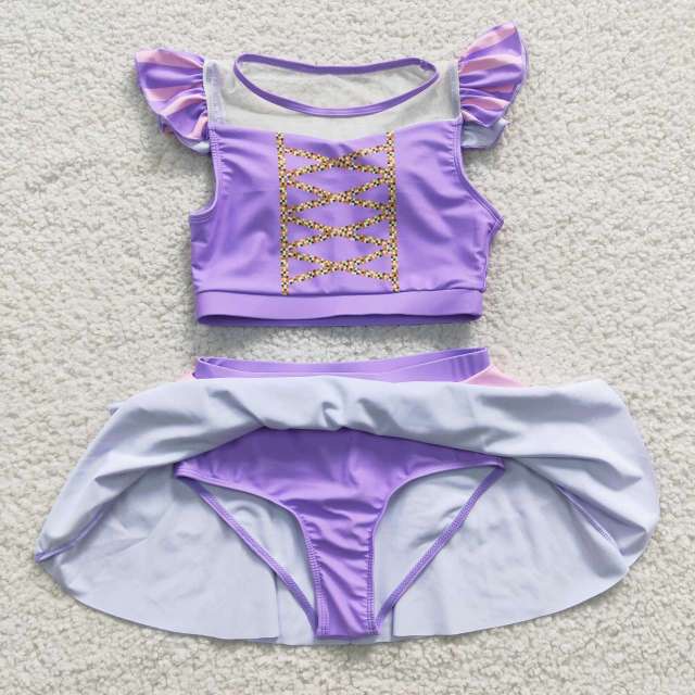 S0145 Girls disney princess purple short sleeve skirts swimsuit