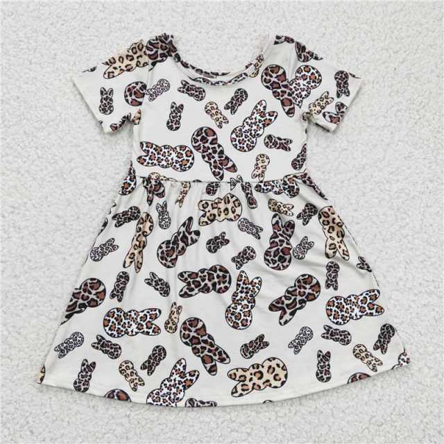 GSD0227 Girls Leopard Rabbit Short Sleeve Dress
