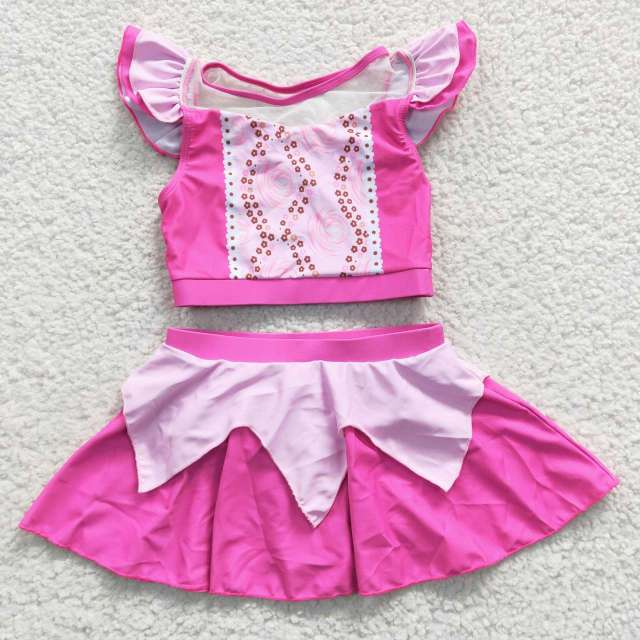 S0146 Girls disney princess pink short sleeve skirts swimsuit