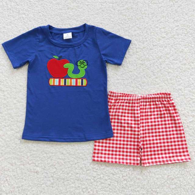 BSSO0254 Boys Embroidery Back to School Apple Caterpillar Blue Shorts Set