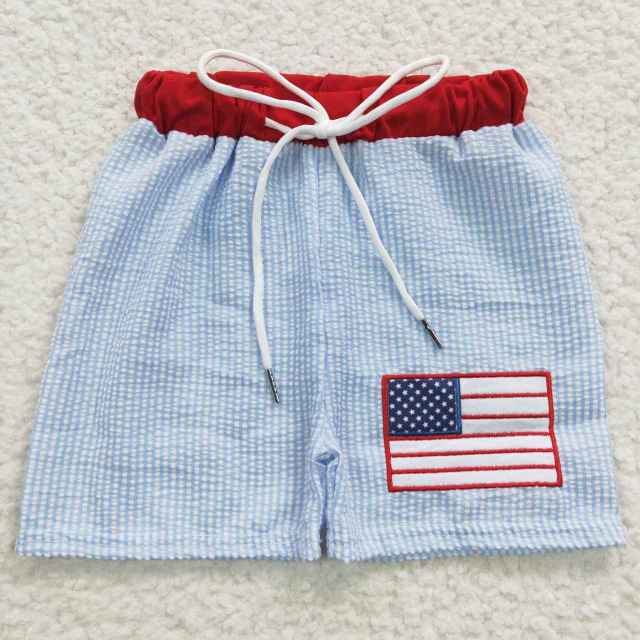 S0135 boys embroidery national day flag blue swim trunks
