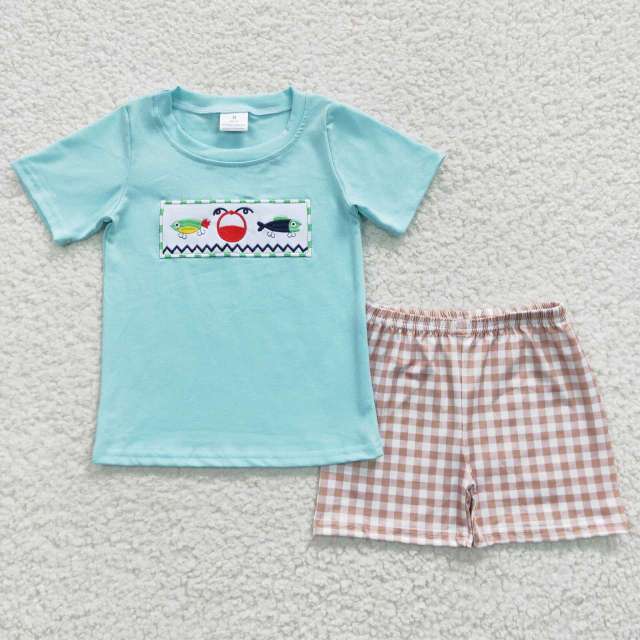 BSSO0262 Boys Embroidered Yacht Fish Blue Short Sleeve Plaid Shorts Set