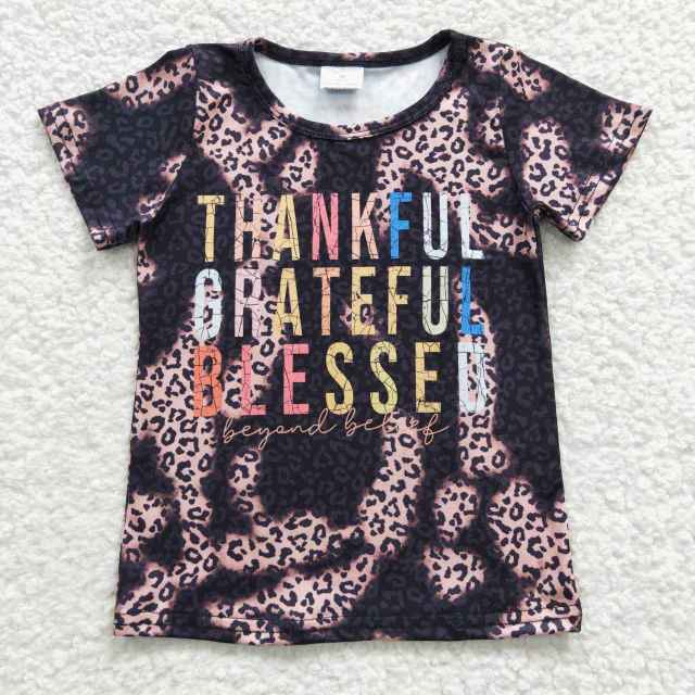 GT0193 thankful grateful blessed colorful letter leopard short sleeve top
