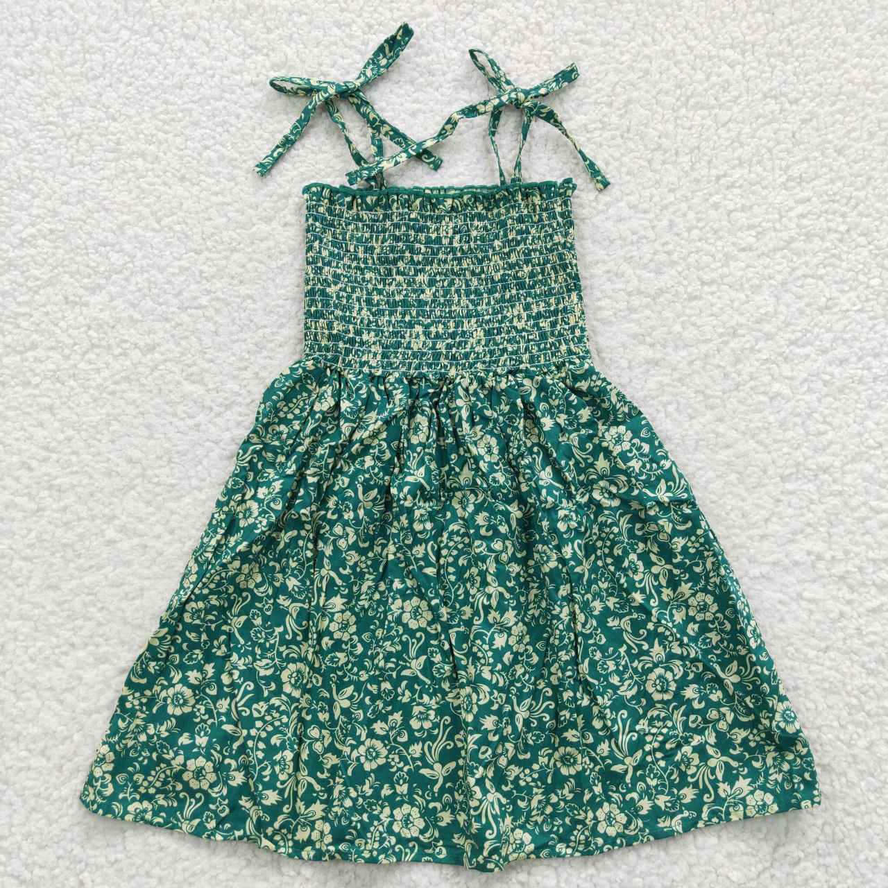 GSD0369 White Flower Green Elastic Dress