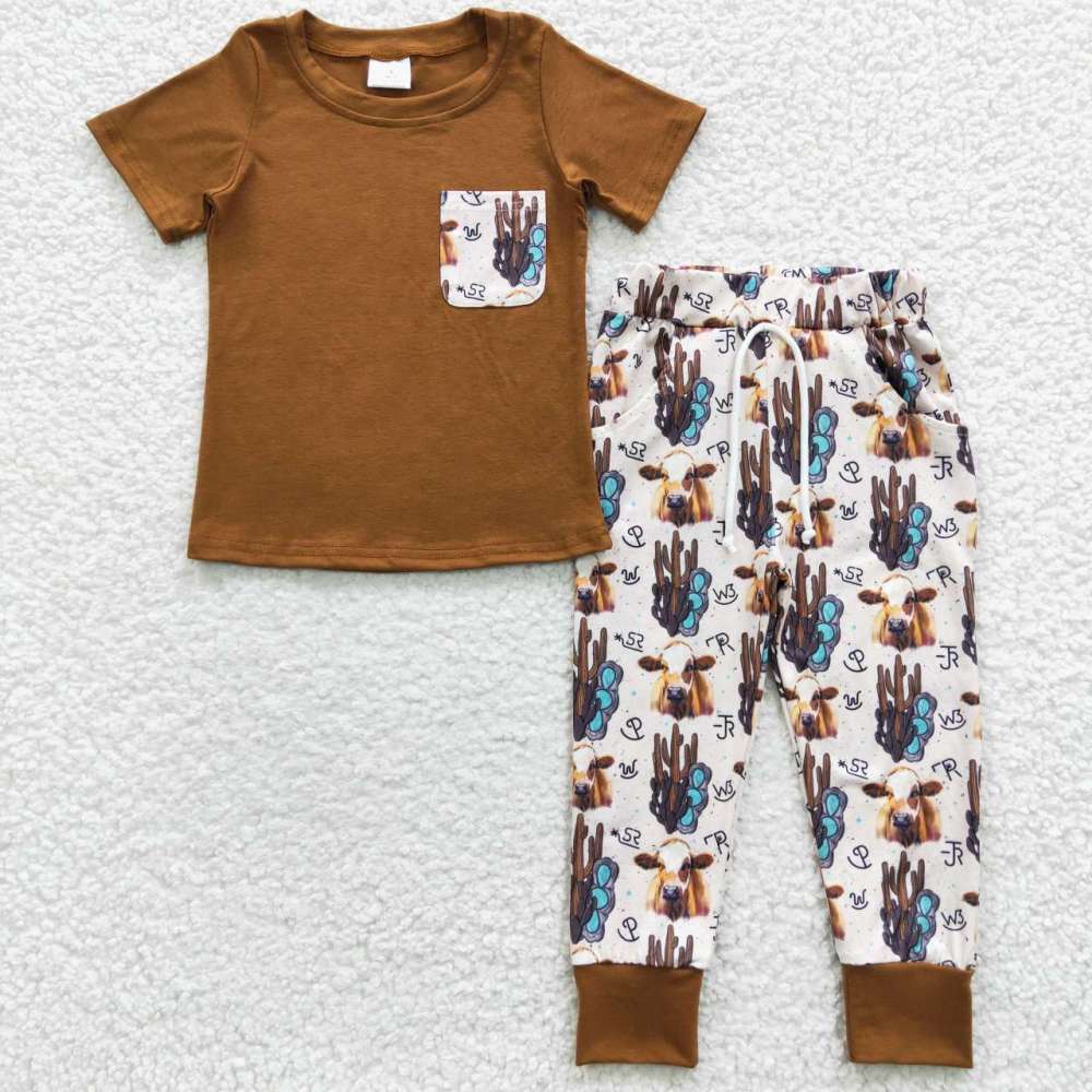 BSPO0107 Boys Cactus Bull Head Brown Pocket Short Sleeve Long pant suit