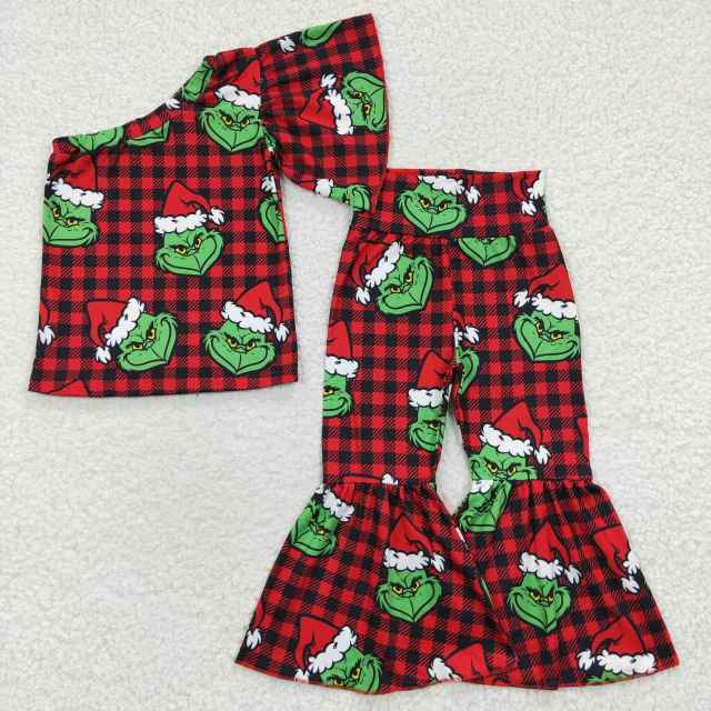 GSPO0654 Christmas grinch red and black plaid single sleeve pant suit