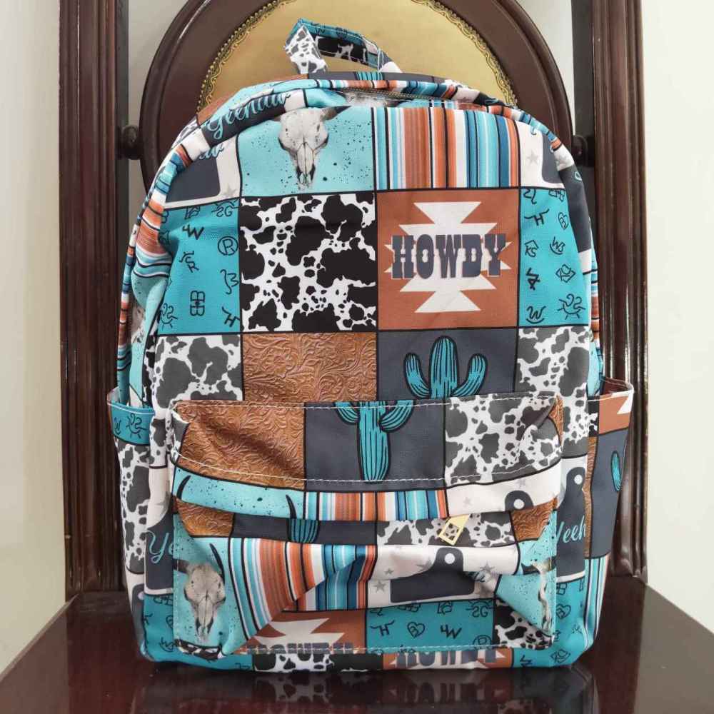 BA0077 Girl howdy catcus grid blue Backpack Bags