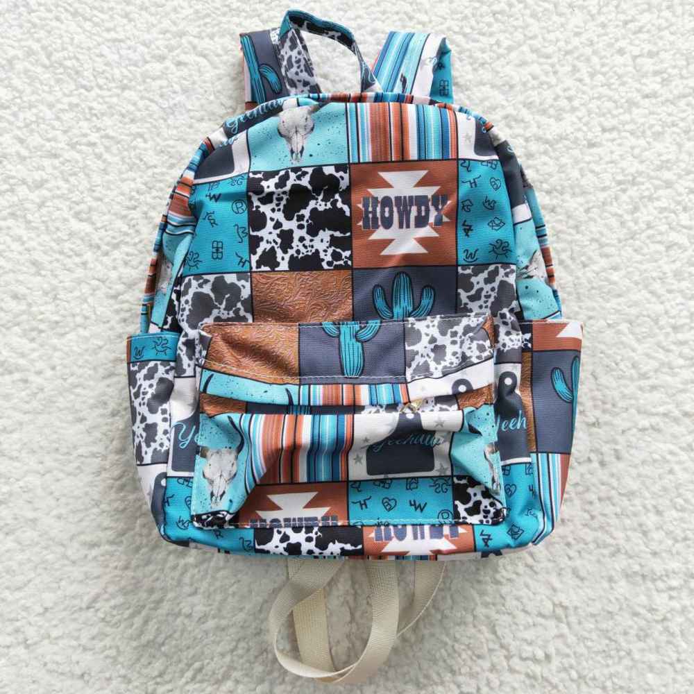 BA0077 Girl howdy catcus grid blue Backpack Bags