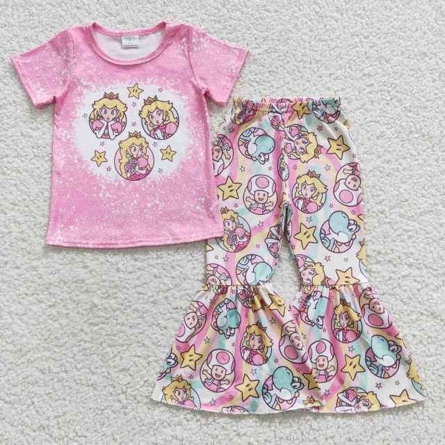 GSPO0651 Cartoon princess star dinosaur pink short-sleeved trousers set