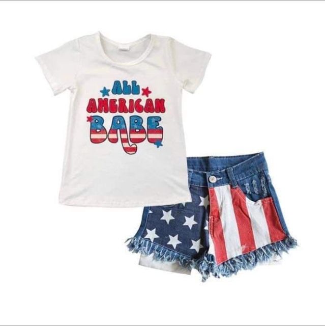 GT0114 NC0003 Girls' National Day short-sleeved top and  jeans shorts set