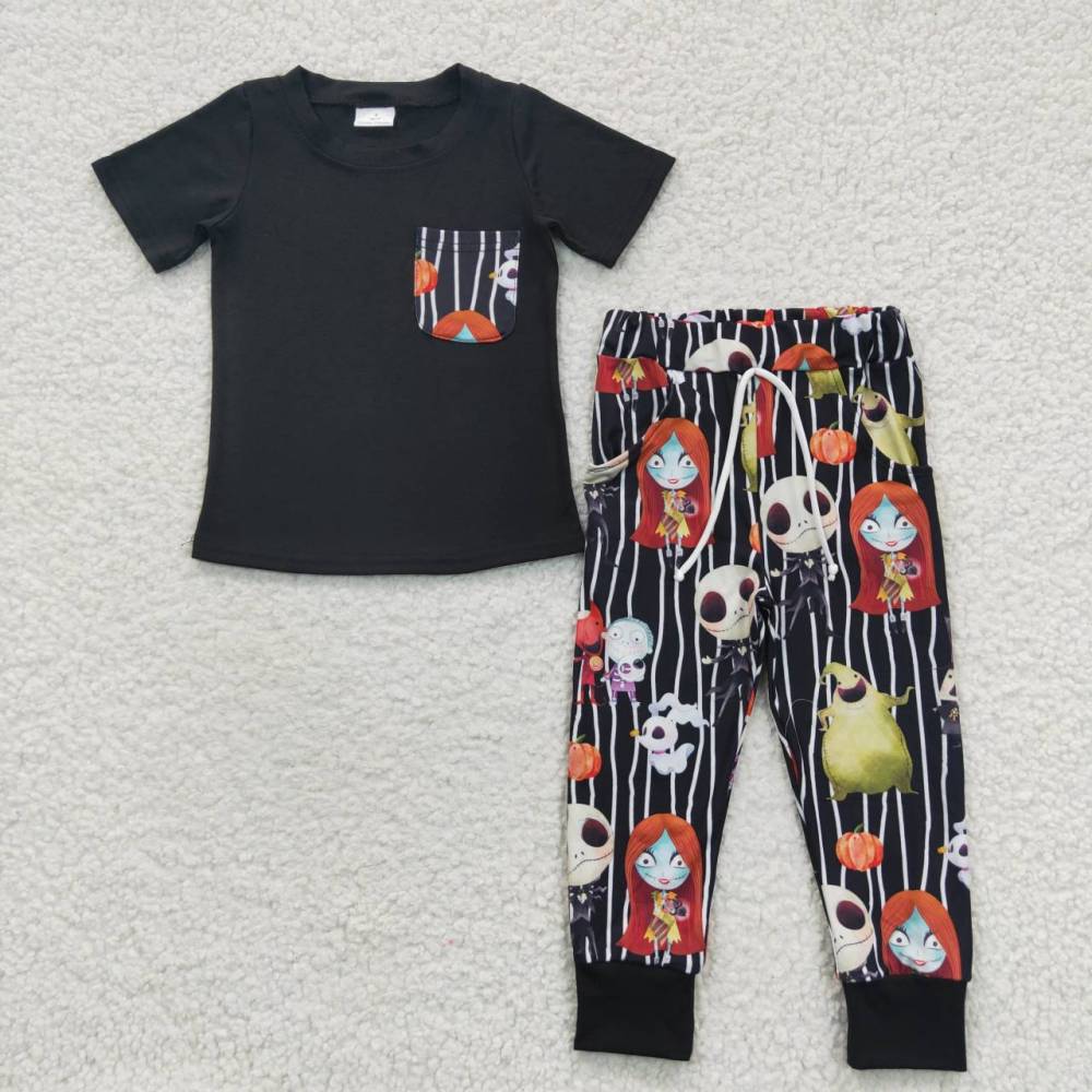 BSPO0105 Halloween Black Skull Short Sleeve Witch Magic Black Stripe Lace Up Pants Set