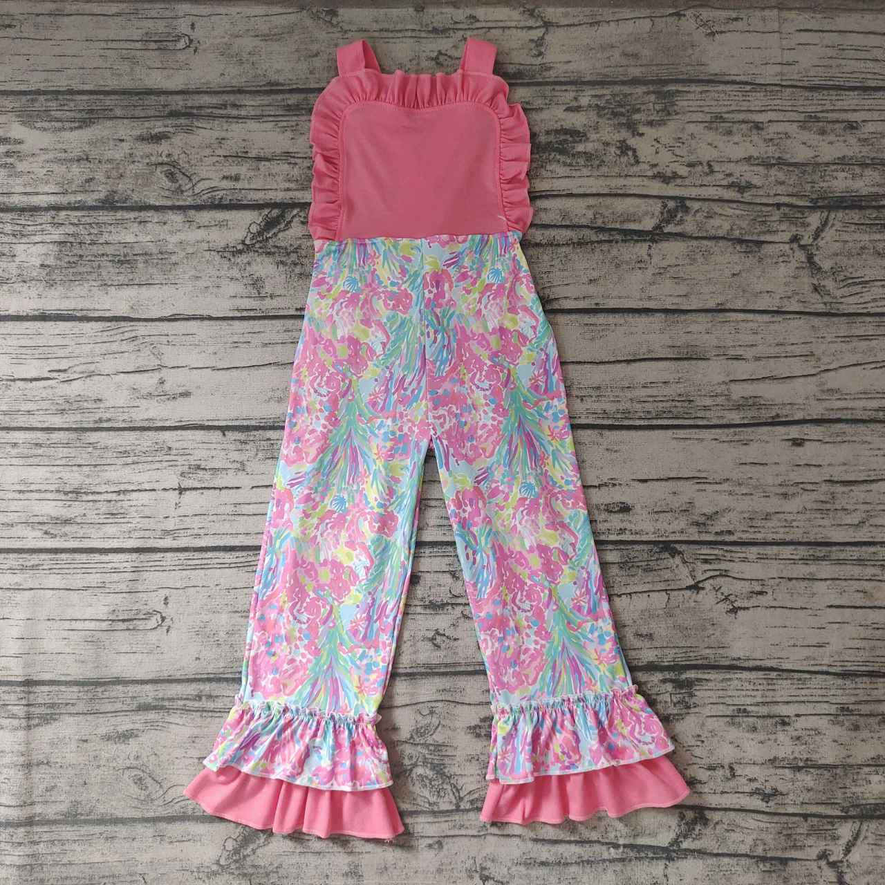 Pre-order girls summer clothes pink flower suspender jumpsuit