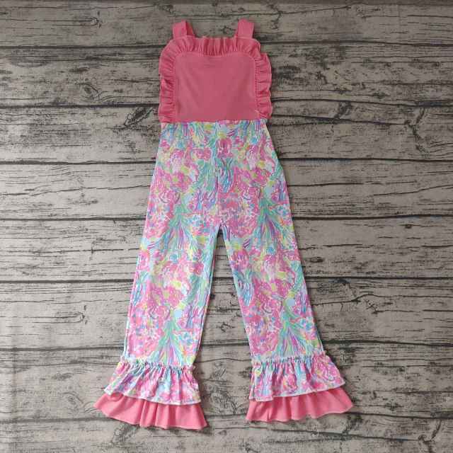 Pre-order girls summer clothes pink flower suspender jumpsuit