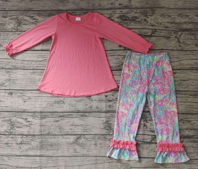 Pre-order girls summer clothes Pink long sleeve flower pants set